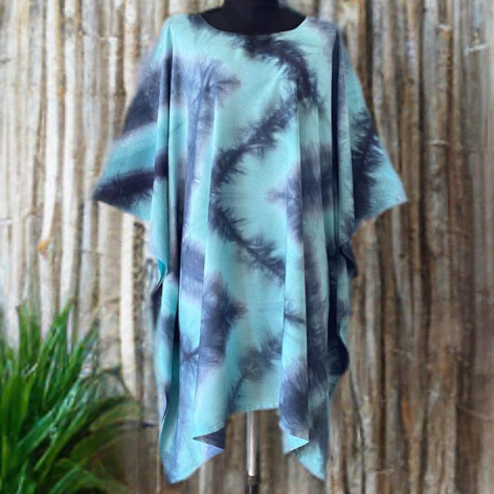 Light Blue Tie Dyed Dolman Sleeve Cover Up Poncho Top (#32)